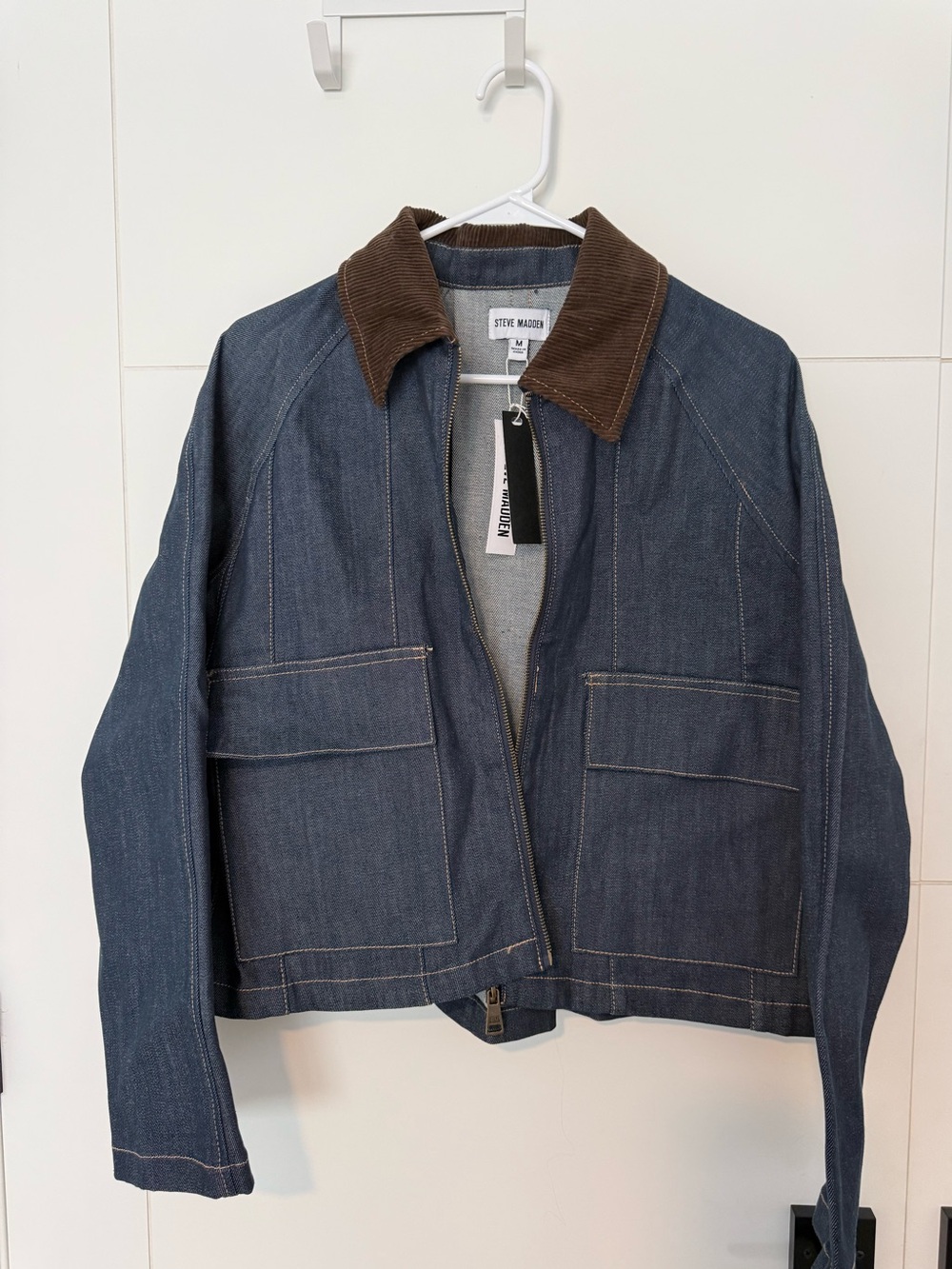 Steve Madden Dark Blue Denim Jean Jacket with Brown Corduroy Collar